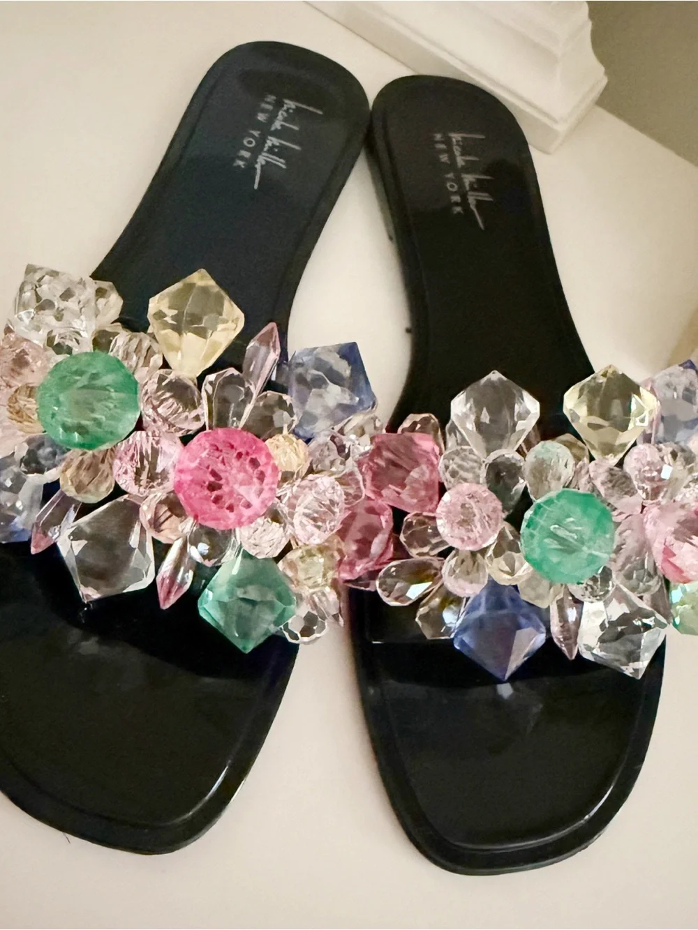 Nicole Miller Black Slide Sandals with Multicolored Crystal Flowers - Picture 2 of 3